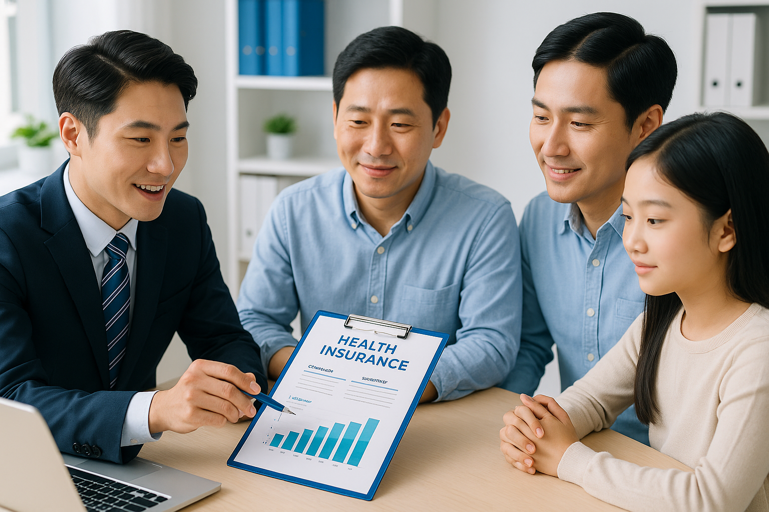 4세대-실손보험-특약-가입-체크사항 4세대 실손보험 특약 가입 상담 중인 한국인 가족