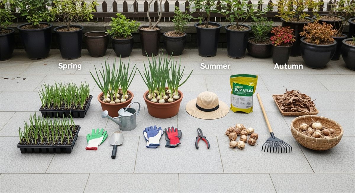 봄 여름 가을 작형별 쪽파 심기 준비를 보여주는 정원 작업 공간 