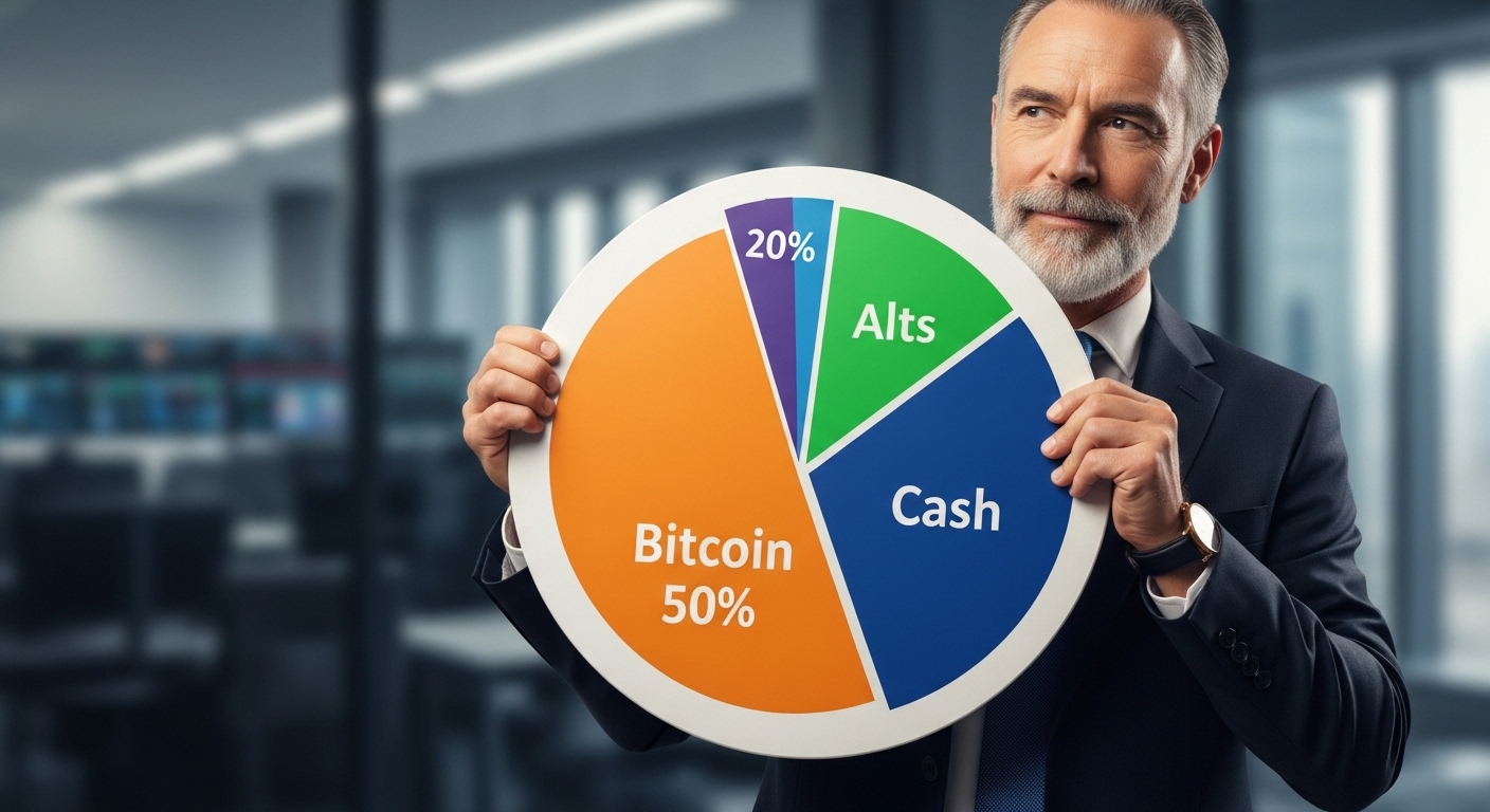 Wise investor character holding a pie chart portfolio (Bitcoin 50%, Alts 30%, Cash 20%).