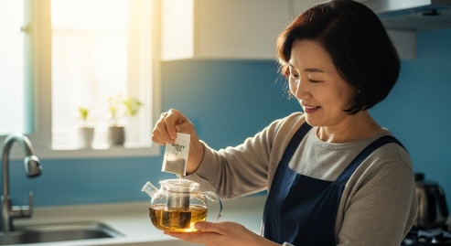 중년 여성이 유리 주전자에 보리차 티백을 넣는 모습