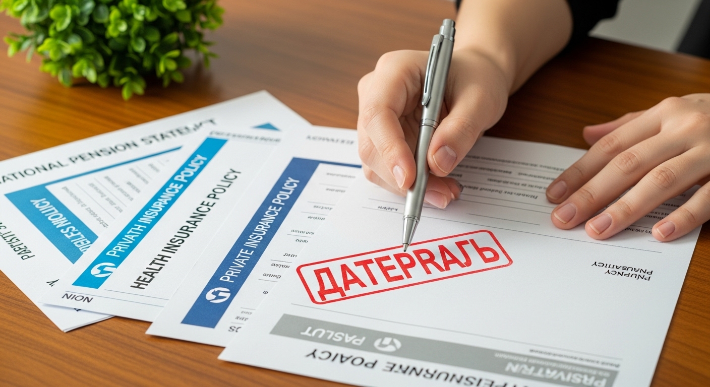 육아휴직 중 보험료 납입유예 신청을 위해 다양한 보험 서류를 검토하는 손의 모습.