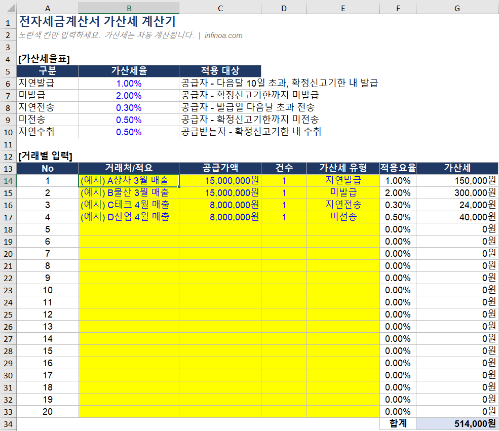 전자세금계산서 가산세 계산기 엑셀 입력 화면