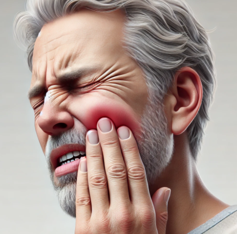 잇몸에 약한 통증을 느끼고 있는 60대 남성