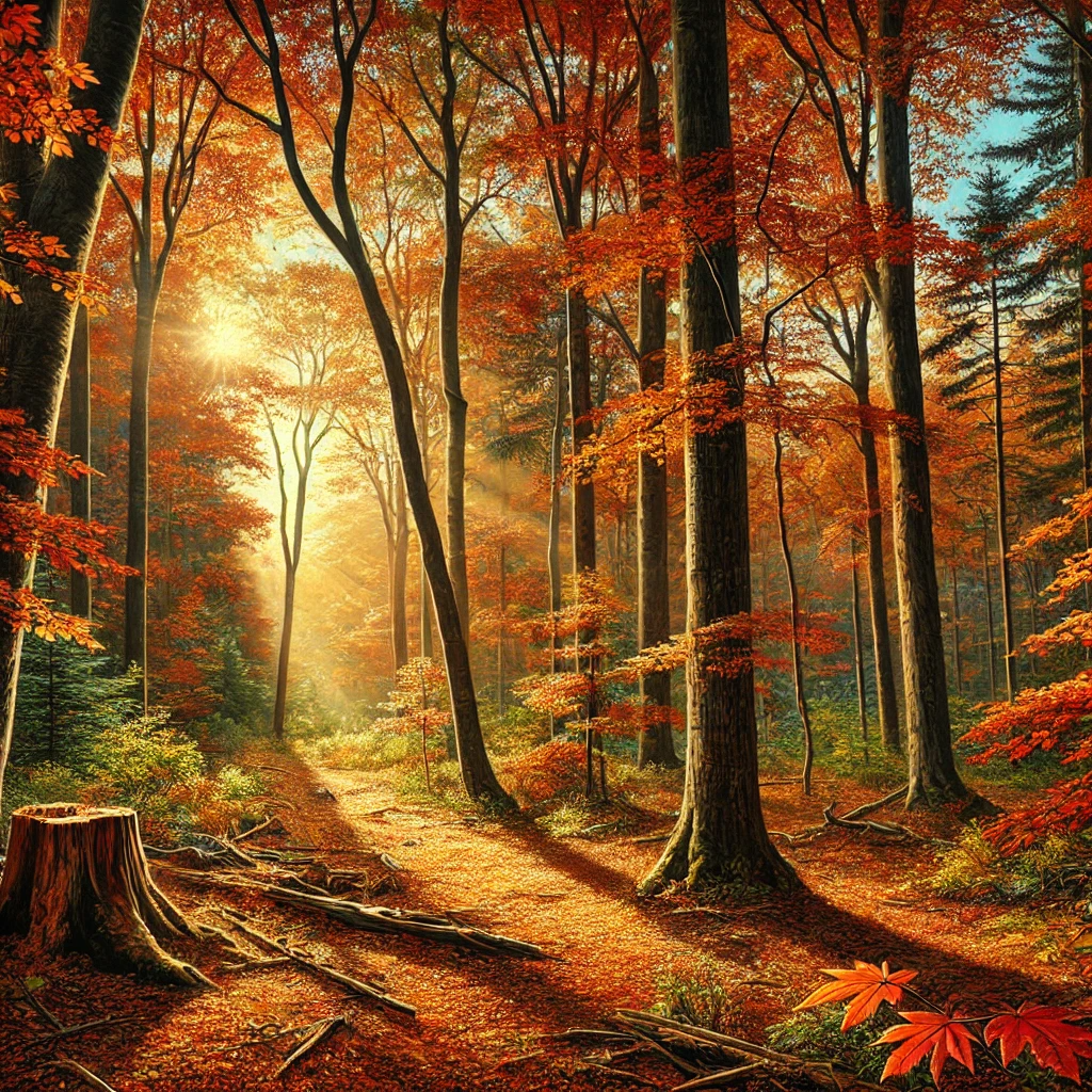 햇살이 비추는 붉고 노란 단풍이 물든 나무들이 있는 가을 풍경