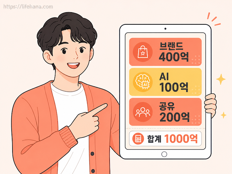 브랜드 단과대, AI 허브, 공유대학 인프라로 이어지는 1,000억 원 예산 분담 포트폴리오 원형 차트 인포그래픽