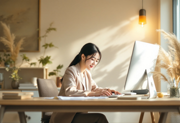 사무실에서 pc로 육아휴직 지원금을 신청하고 있는 젊은 사업주 모습