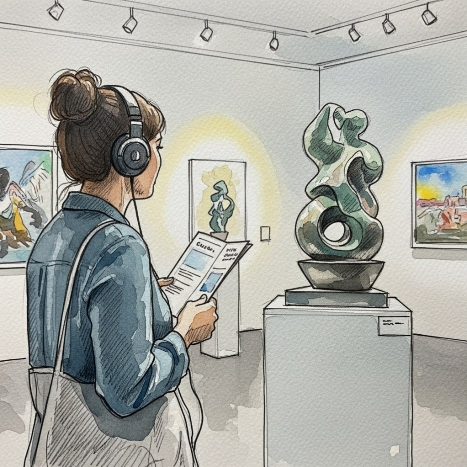 오디오 가이드를 들으며 전시를 즐기는 모습