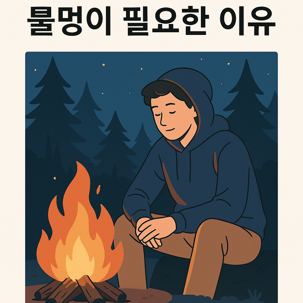 밤 숲속 조용히 불멍을 즐기는 후드티 청년. 캠프파이어의 따뜻한 불빛과 별이 빛나는 하늘이 어우러져 힐링과 사색의 분위기를 자아내는 평화로운 장면.