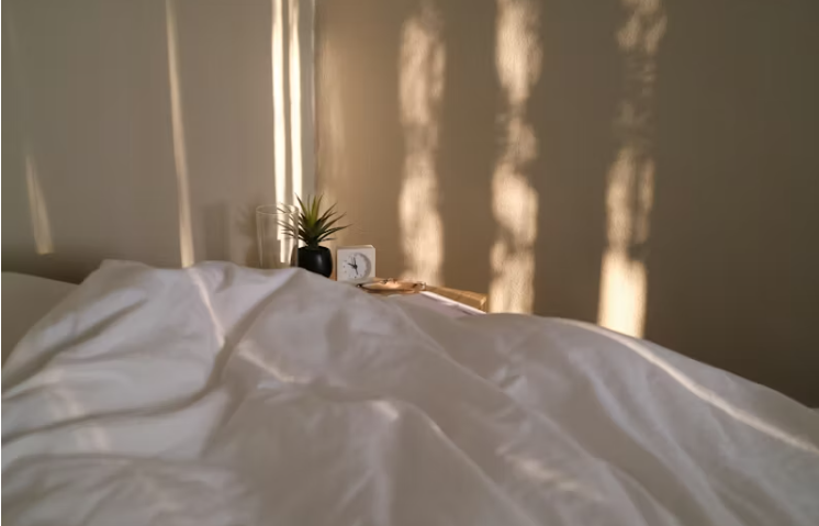 새벽 햇살이 비치는 침실 침대와 따뜻한 침구의 모습