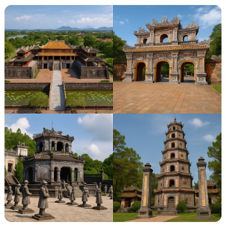 후에 황궁, 히엔논 문, 카이딘 황제릉, 티엔무 사원 전경.