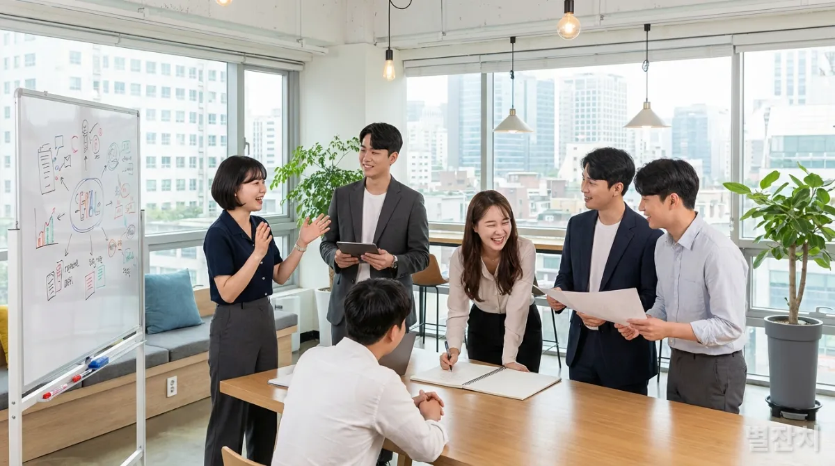 서울의 코워킹 스페이스에서 협력하고 있는 한국인 젊은 전문가들