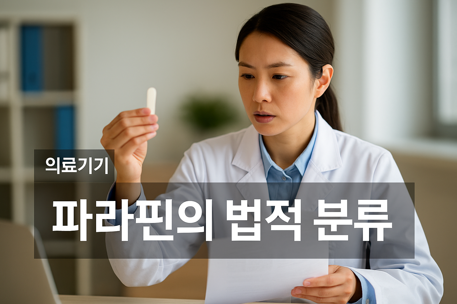 한국 여성 전문가가 사무실에서 파라핀 샘플을 들고 법적 분류 문서를 검토하는 모습으로, 파라핀 베스 의료기기와 공산품&middot;화장품법 분류를 주제로 표현한 이미지