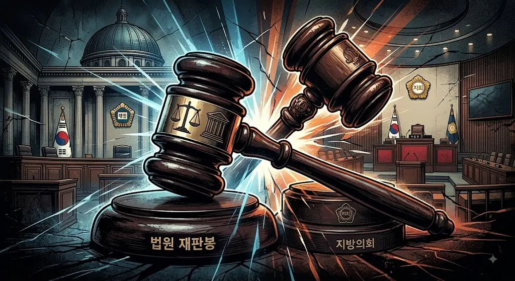 법원 재판봉과 지방의회 의사봉이 겹쳐진 이미지
