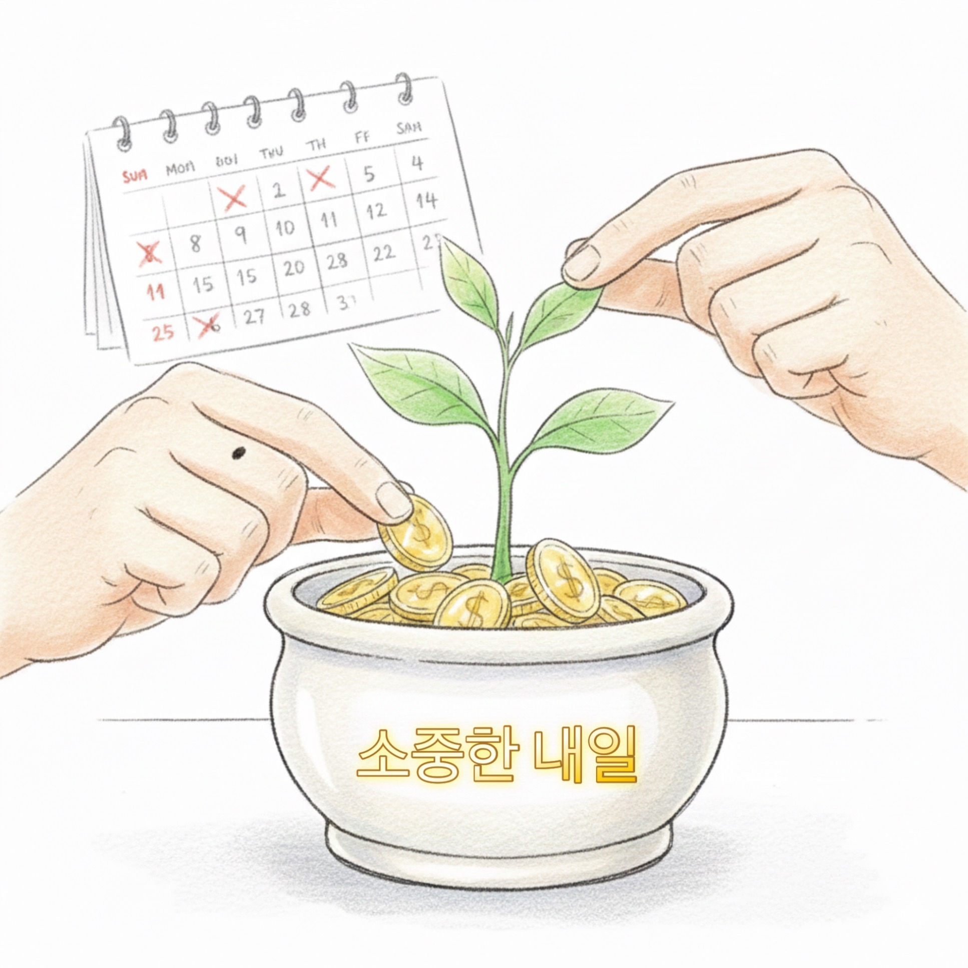 작은 화분에 정성스럽게 물을 주고 있는 모습의 따뜻한 파스텔톤 색연필 일러스트