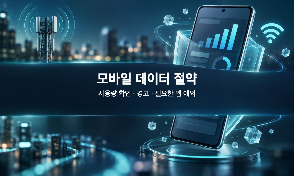 스마트폰 데이터 사용량 그래프와 보호 방패를 그린 모바일 데이터 절약 안내 삽화