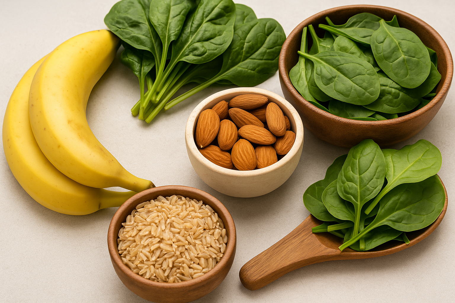 마그네슘이 풍부한 시금치, 아몬드, 바나나, 통곡물 등의 식품을 따뜻한 자연광 아래 배열한 이미지