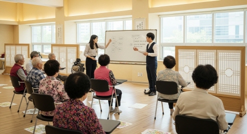 공공기관에서 안내 받는 노인