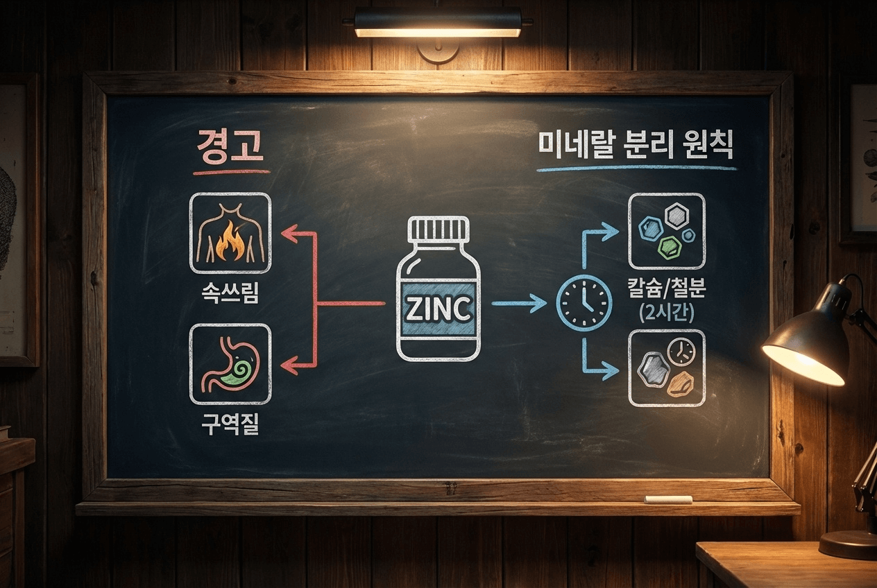아연 피콜린산 복용 시 주의 신호(속쓰림, 메스꺼움 등)와 미네랄 시간 분리 원칙을 상징 아이콘으로 정리한 이미지. 아연 피콜린산을 포함한 아연 복용 안전을 강조하는 도식입니다.