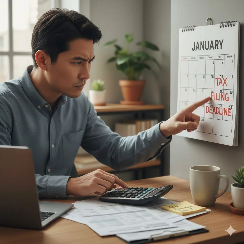 '달력의 1월 25일을 가리키며 고민하는 프리랜서 이미지'