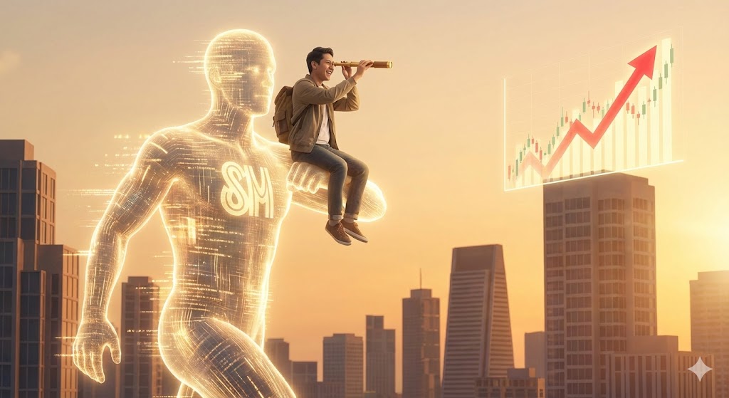 거대한 거인(부자/스마트머니)이 성큼성큼 걸어가고 있고, 그 거인의 어깨 위에 올라탄 개인 투자자가 망원경으로 '상승장'을 바라보며 웃고 있는 일러스트