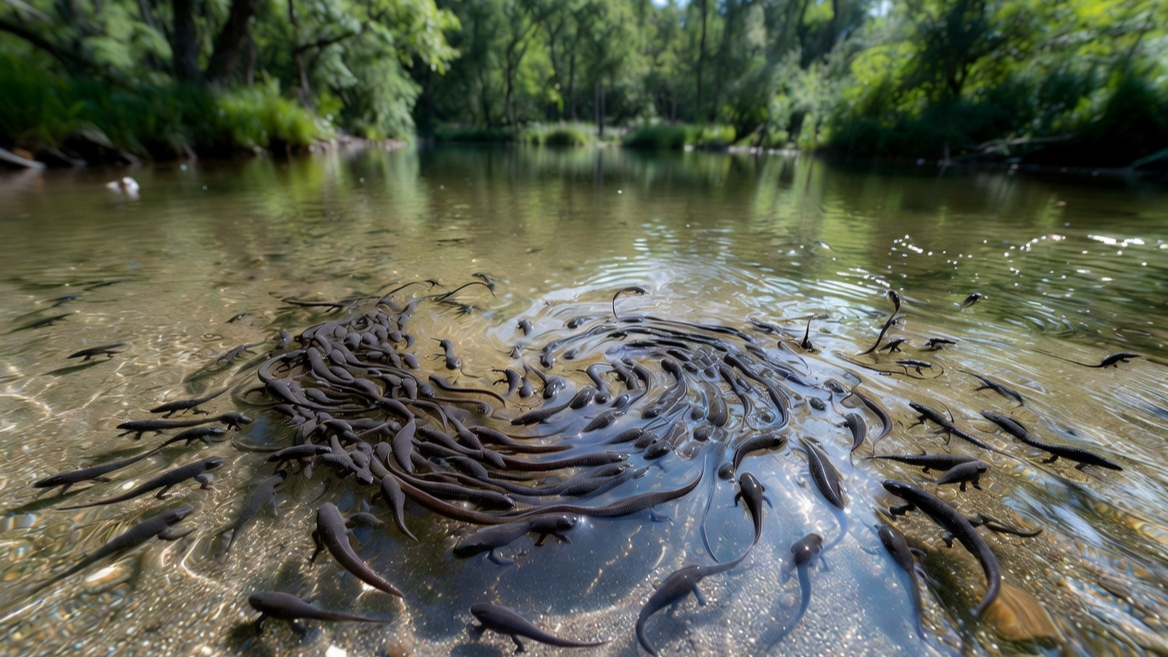 수천 마리의 두꺼비 올챙이가 군집을 이루어 수중 무용을 하듯 이동하는 장면