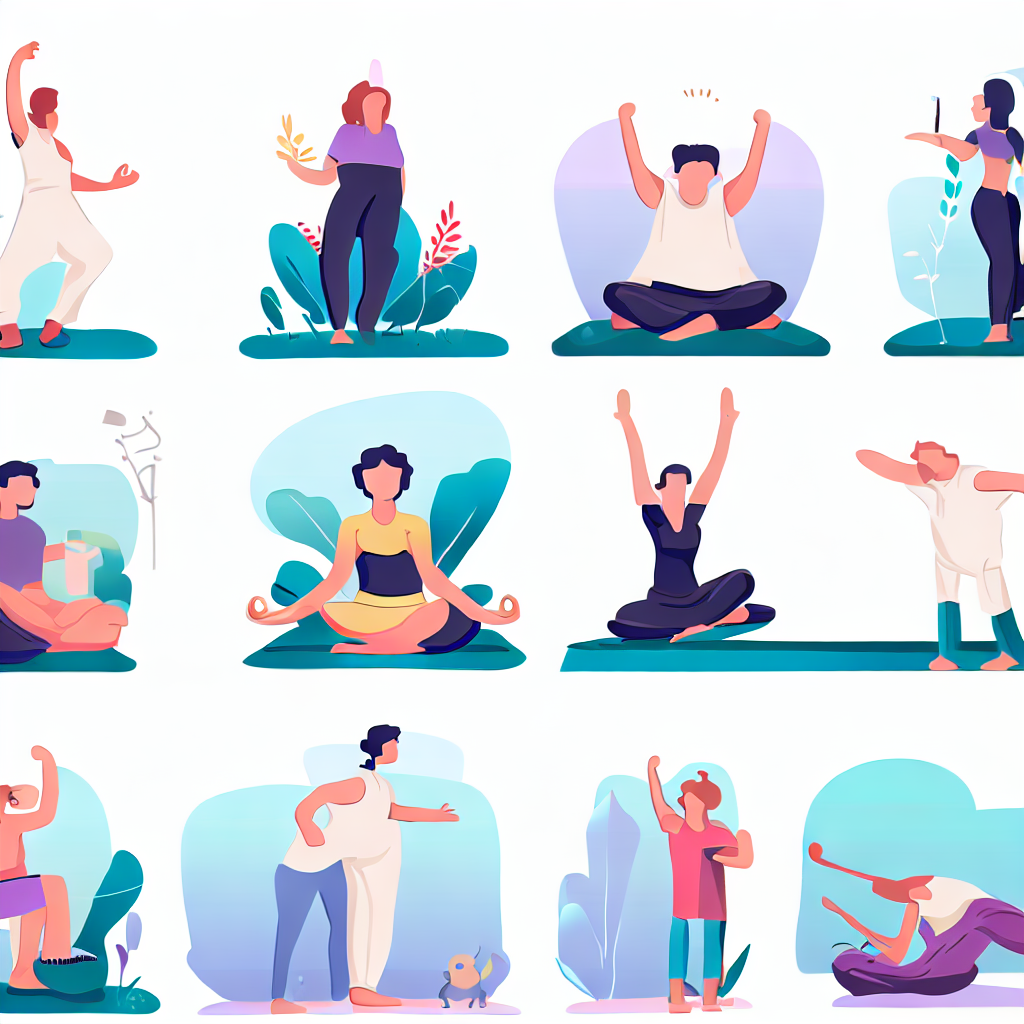 People participating in various self-improvement activities, such as yoga, meditation, and exercise. They are shown in different settings - some are in a peaceful outdoor environment, while others are in a gym or a yoga studio.
