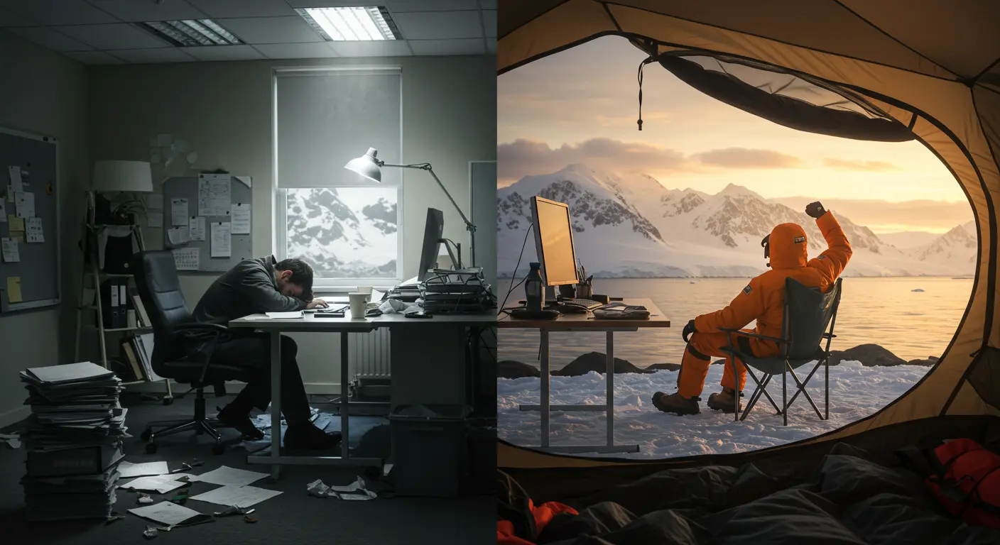 무기력한 사무실 환경과 활기찬 남극 탐험 환경을 대비시킨 분할 이미지로, 왼쪽은 형광등 아래 지친 직장인이 책상에 엎드려 있고, 오른쪽은 남극 텐트 안에서 일출을 바라보며 활기차게 앉아있는 탐험가의 모습