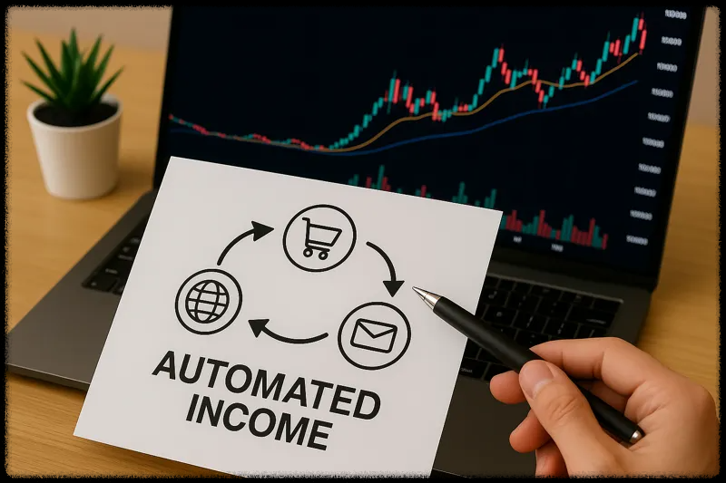 블로그, 쇼핑몰, 뉴스레터를 상징하는 이미지 요소들이 하나의 흐름으로 연결된 장면을 나타낸 이미지