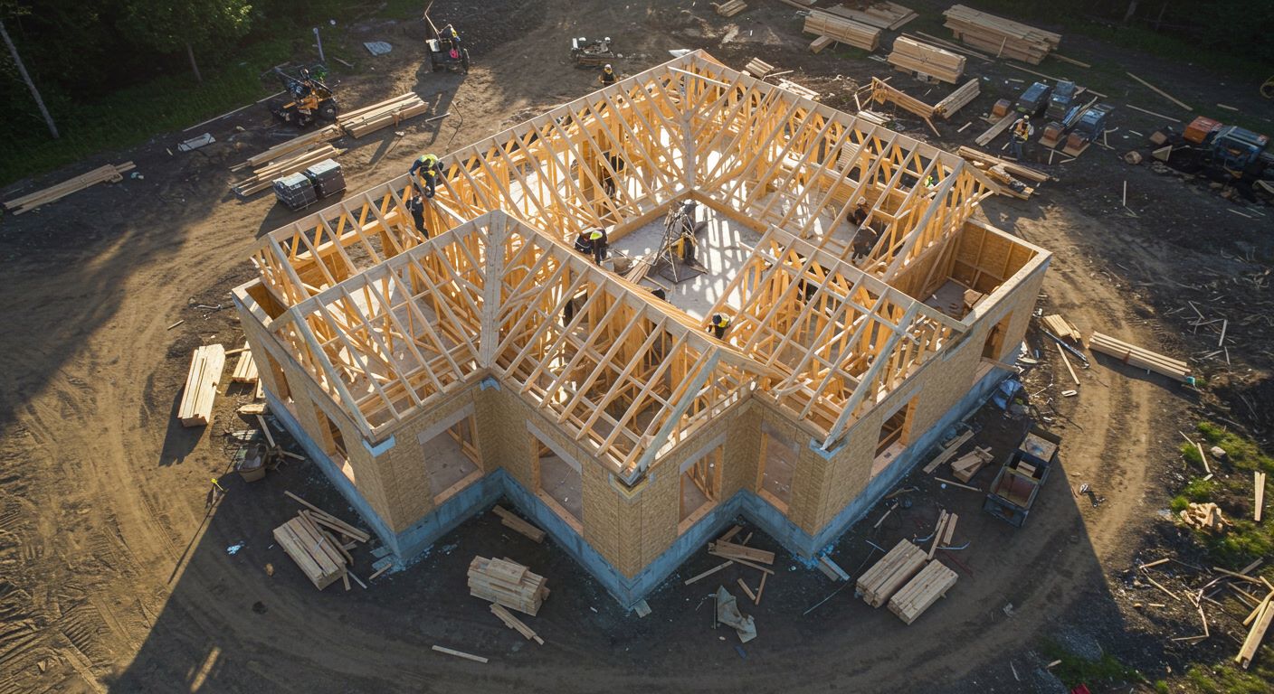 나무로 지붕을 올리고 있는 주택 건설현장 사진