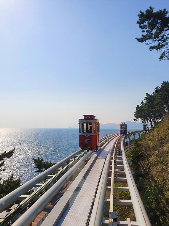 바다위-빨간색-캡슐-열차