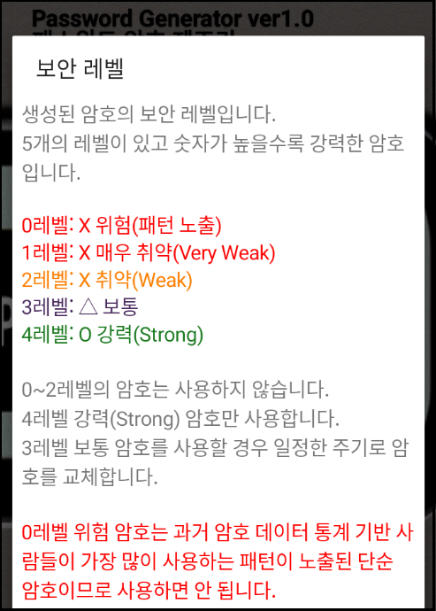 패드워드 암호 제조기 앱에서 보안 레벨을 설명하고 있는 화면
보안 레벨
생성된 암호의 보안 레벨입니다.
5개의 레벨이 있고 숫자가 높을수록 강력한 암호입니다.
0레벨: X 위험(패턴 노출)
1레벨: X 매우 취약(Very Weak)
2레벨: X 취약(Weak)
3레벨: 보통
4레벨: O 강력(Strong)
0~2레벨의 암호는 사용하지 않습니다.
4레벨 강력(Strong) 암호만 사용합니다.
3레벨 보통 암호를 사용할 경우 일정한 주기로 암호를 교체합니다.
0레벨 위험 암호는 과거 암호 데이터 통계 기반 사람들이 가장 많이 사용하는 패턴이 노출된 단순 암호이므로 사용하면 안 됩니다.