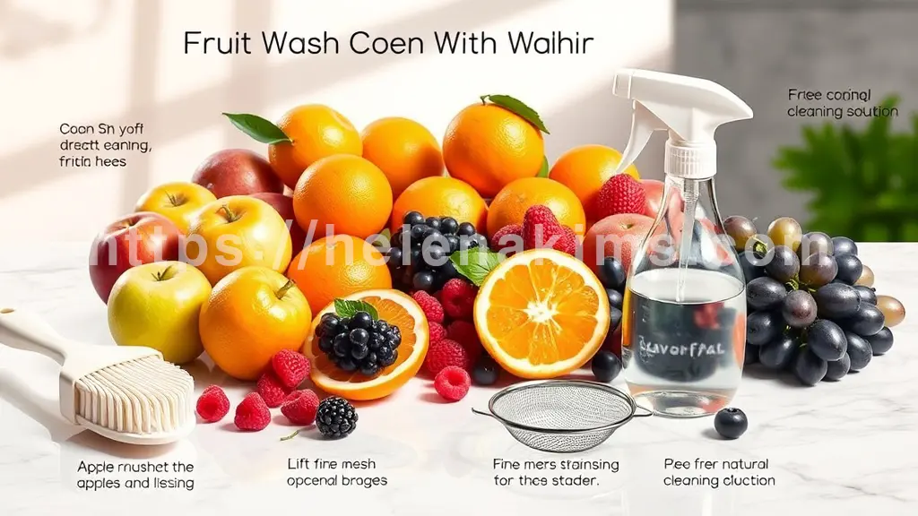 여러 종류의 과일과 세척 도구들.
