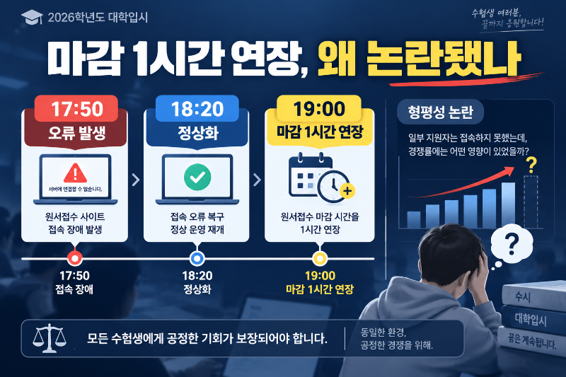수시 원서접수 시스템 오류 발생과 마감 1시간 연장으로 제기된 경쟁률 형평성 논란