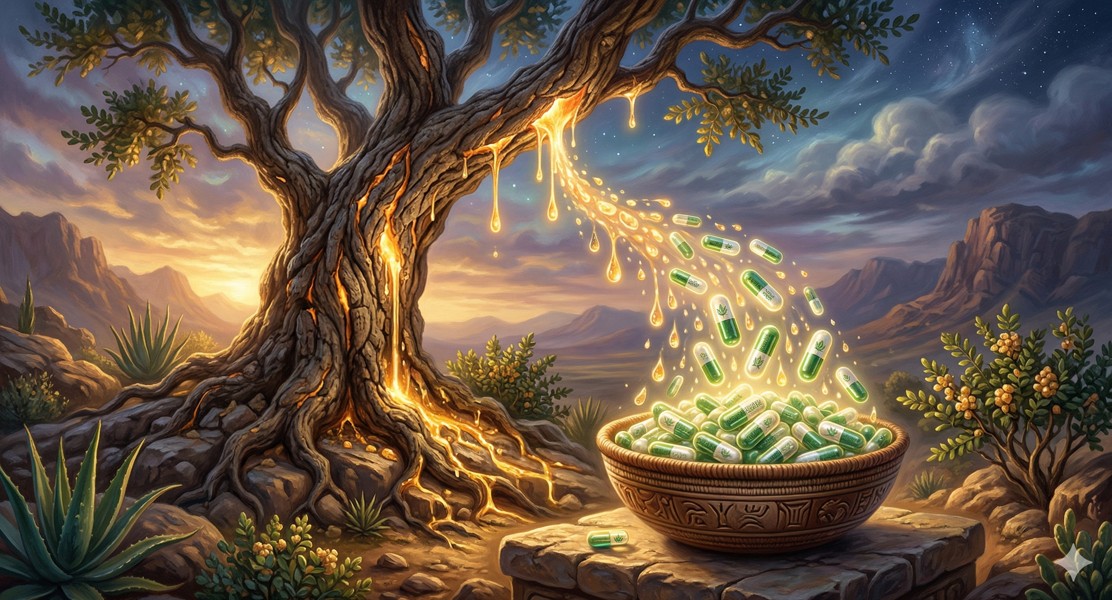 보스웰리아 나무에서 수액이 떨어지는 모습과 그것이 영양제 캡슐로 변하는 초현실적인 아트워크