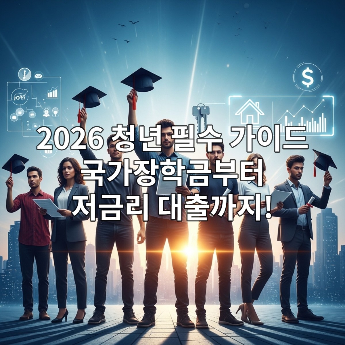 2026년 청년들이 학자금 대출, 국가장학금, 주거 지원 등 다양한 정부 지원 정책을 통해 미래를 설계하는 희망찬 모습