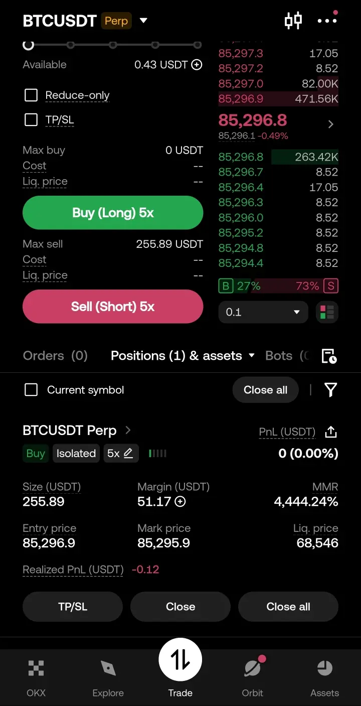 OKX 앱 BTCUSDT 무기한 선물 격리 5배 롱 포지션과 청산가격 68,546 표시 화면