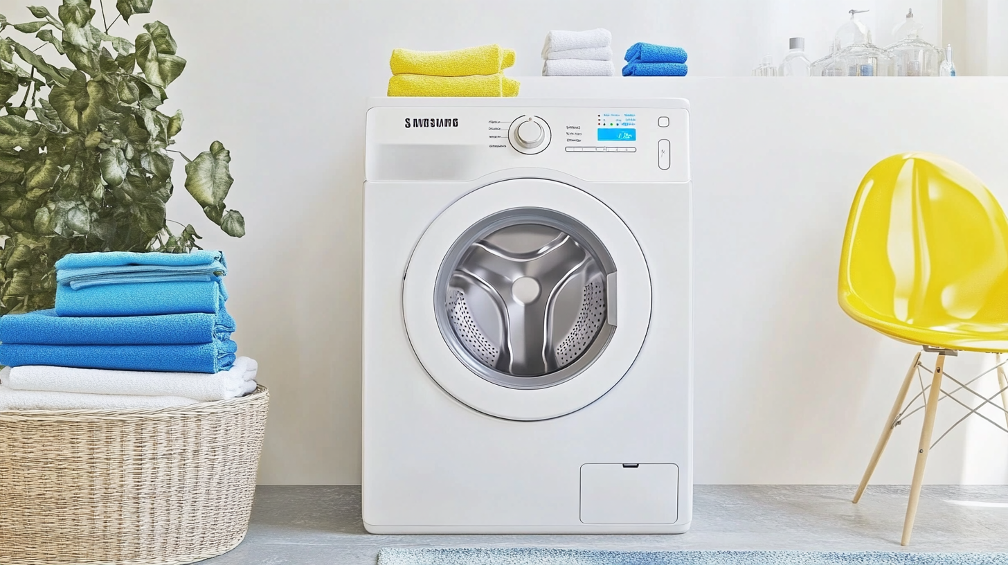 스타일리시한 미니멀리즘 스타일 세탁실에 설치된 모던한 삼성 WA30DG2120BV 세탁기의 이미지로, 스마트싱스 통합 기능을 강조하고 있습니다.