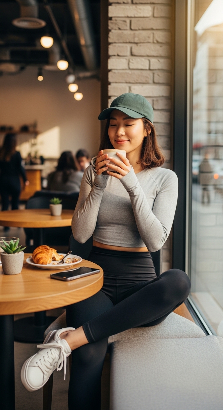 카페에서 세련된 애슬레저 룩을 입고 여유를 즐기는 모습