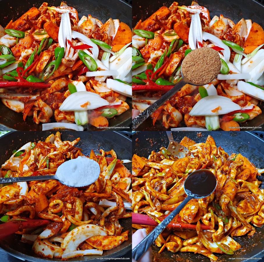 맛있는 오징어볶음을 하기 위해서 준비된 야채와 다시다&#44; 설탕&#44; 굴소스를 넣어주는 사진