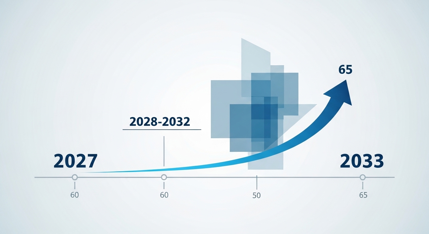 정년이 60세에서 65세로 단계적으로 연장되는 과정을 보여주는 연도별 로드맵 이미지