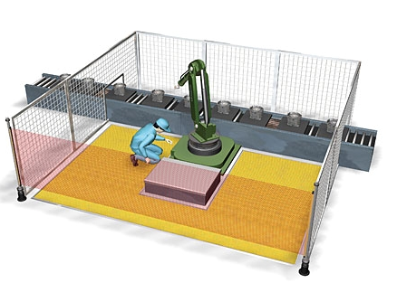 이 사진은 산업용로봇이 가운데에 있으며 주변의 근로자가 안전매트 위에서 안전하게 작업하는 모습을 그린 사진입니다.