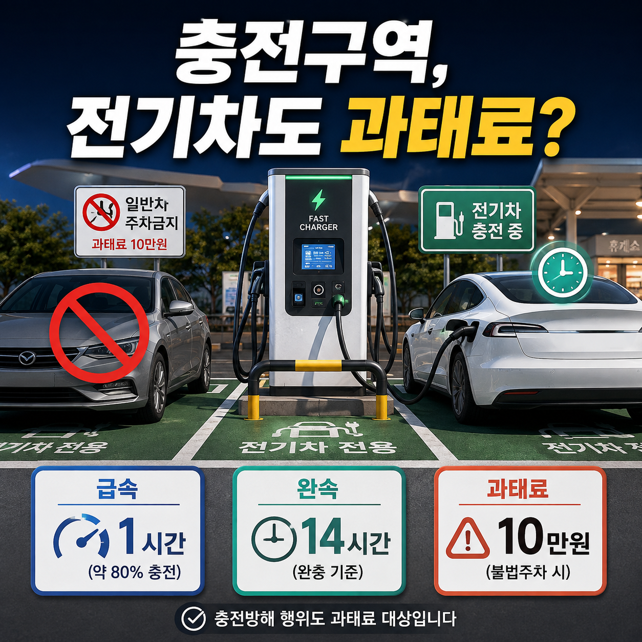 전기차 충전구역 주차 과태료와 급속 1시간 완속 14시간 기준을 확인하는 모습