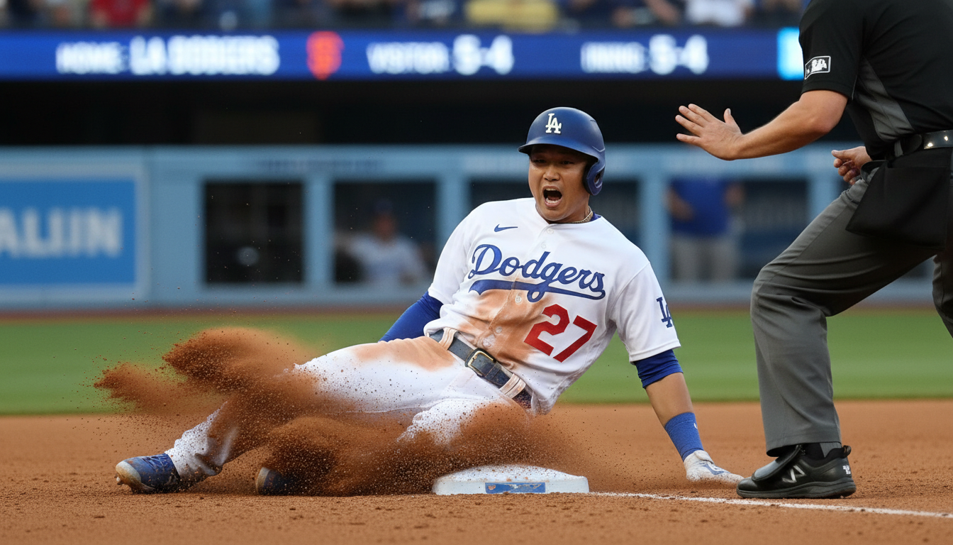 2루로 날렵하게 슬라이딩하며 베이스를 훔치는 김혜성 선수의 역동적인 주루 플레이