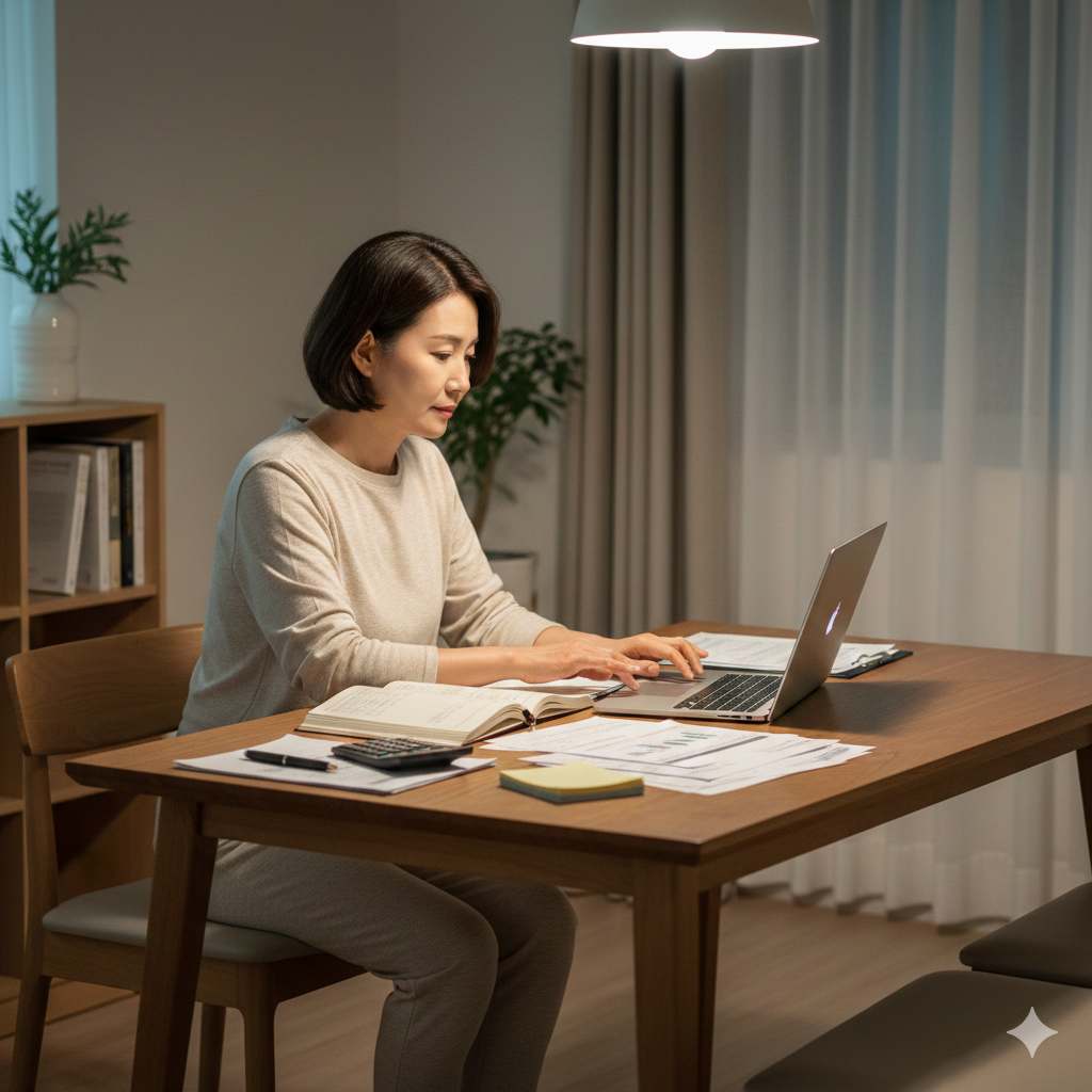 조용한 집 안 식탁에 앉아 가계부와 서류를 정리하고 있다.