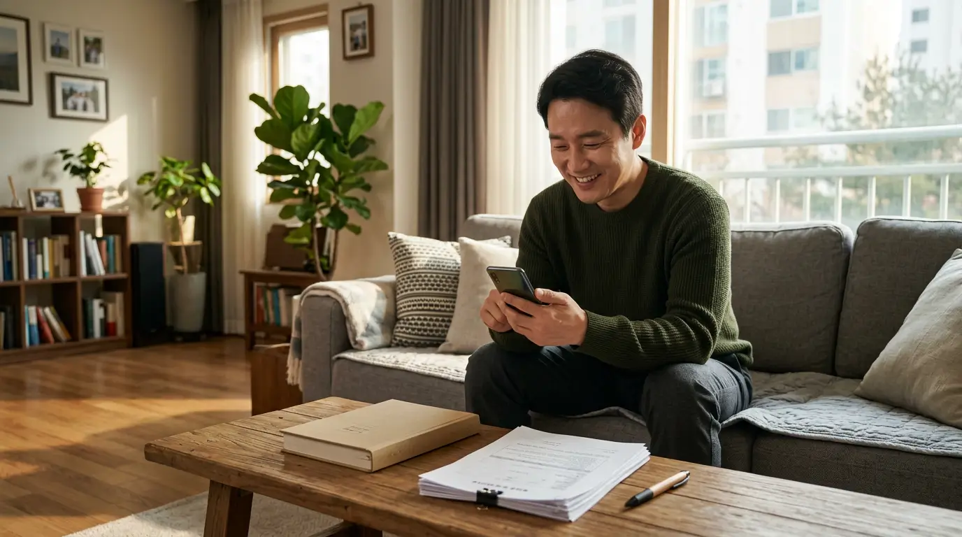 불법 고리대금 피해를 방어하기 위해 비대면 자산 구제 비교 플랫폼으로 합법적 자금선을 가동하고 안도하는 한국인 가장의 모습