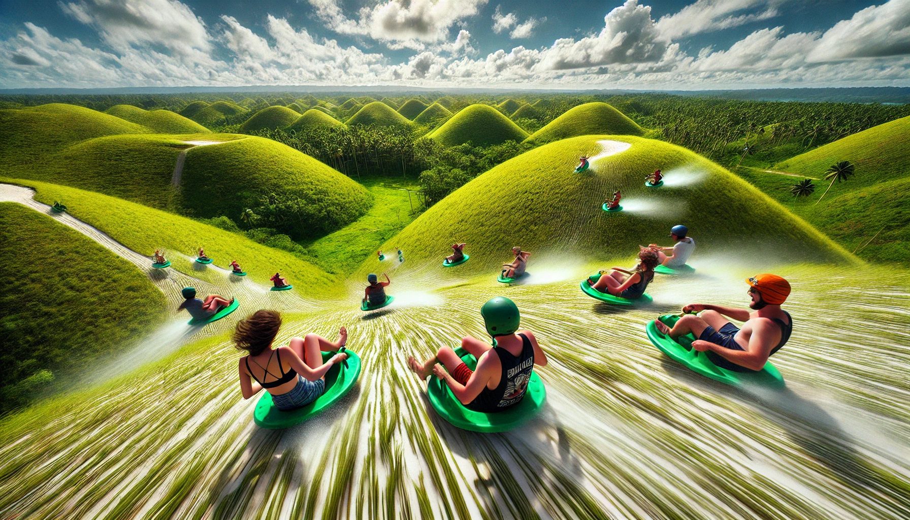 초콜릿 힐의 독특한 지형 위에서 썰매를 타는 사람들의 역동적인 모습