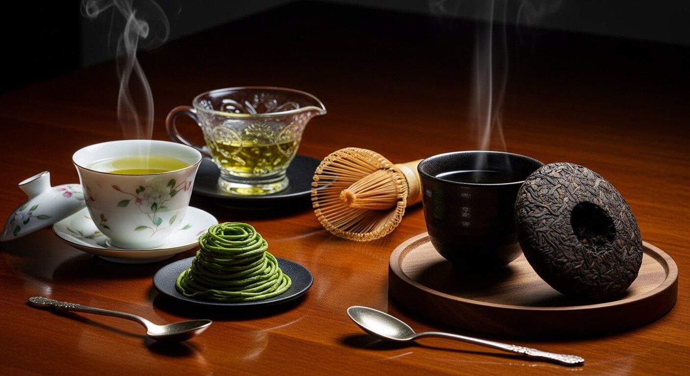 녹차와 보이차를 함께 비교한 이미지로, 왼쪽에는 연한 녹색의 녹차가 담긴 찻잔과 말차 디저트가 있고, 오른쪽에는 진한 색의 보이차와 압축된 보이차 덩어리가 놓여 있으며 따뜻한 김이 올라오는 차 세트 구성