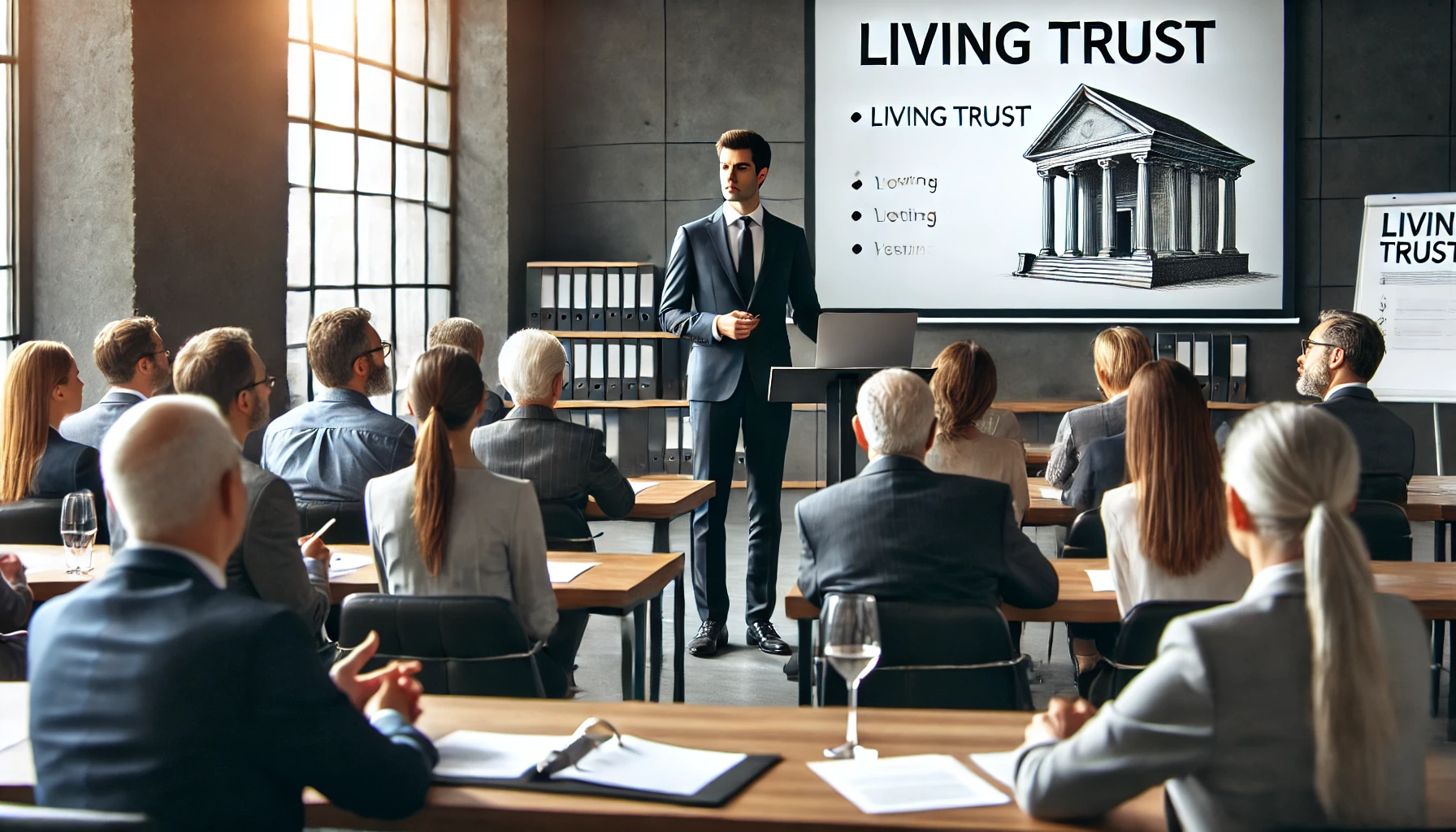 유언대용신탁 세미나에서 강연하는 법률 전문가의 모습 (전문적인 이미지, 청중의 집중)