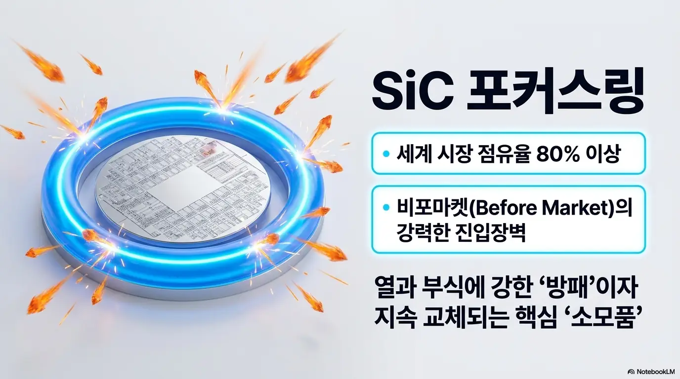 티씨케이 주가 전망: 티씨케이의 SiC 포커스링이 세계 시장 점유율 80% 이상이며 비포마켓의 강력한 진입장벽을 가졌음을 푸른 링 이미지로 보여줌. 열과 부식에 강한 방패이자 지속 교체되는 핵심 소모품이라는 본업 해자를 시각화하며&amp;#44; 블로그의 티씨케이 주가 전망 주제와 관련된 내용을 설명함 