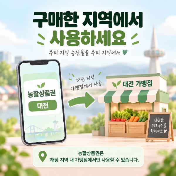 농할상품권은 구매한 지역의 해당 지역 가맹점에서 사용할 수 있음을 대전 농할상품권 예시로 안내하는 이미지